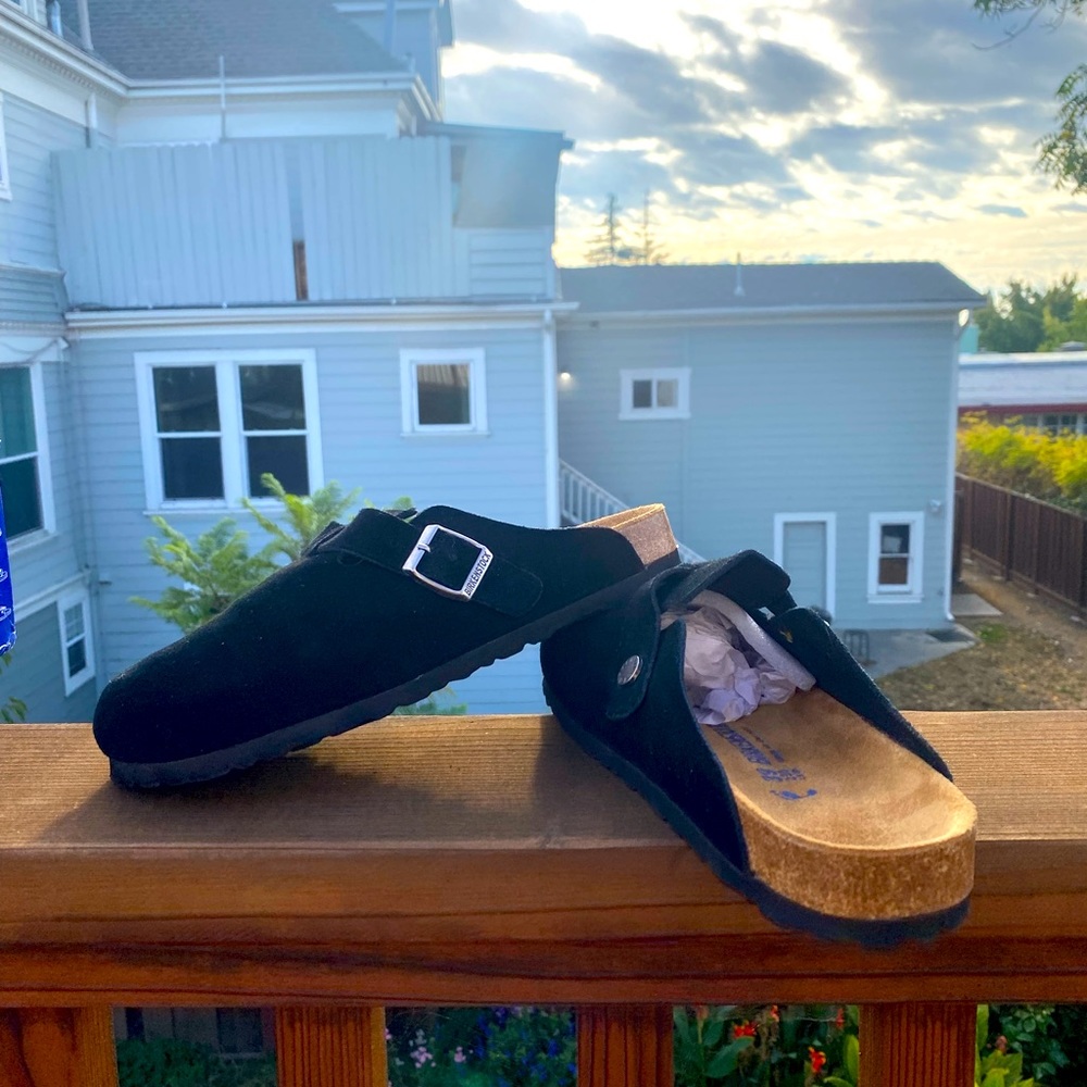 Boston black suede Birkenstocks.